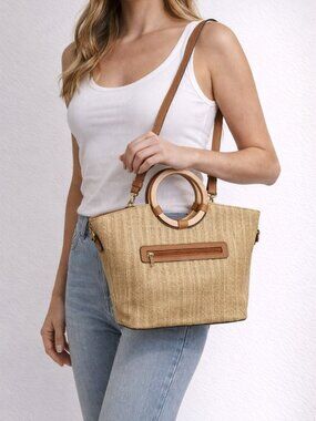 Woven Satchel Bag with Wood Circle Handles and Crossbody Strap